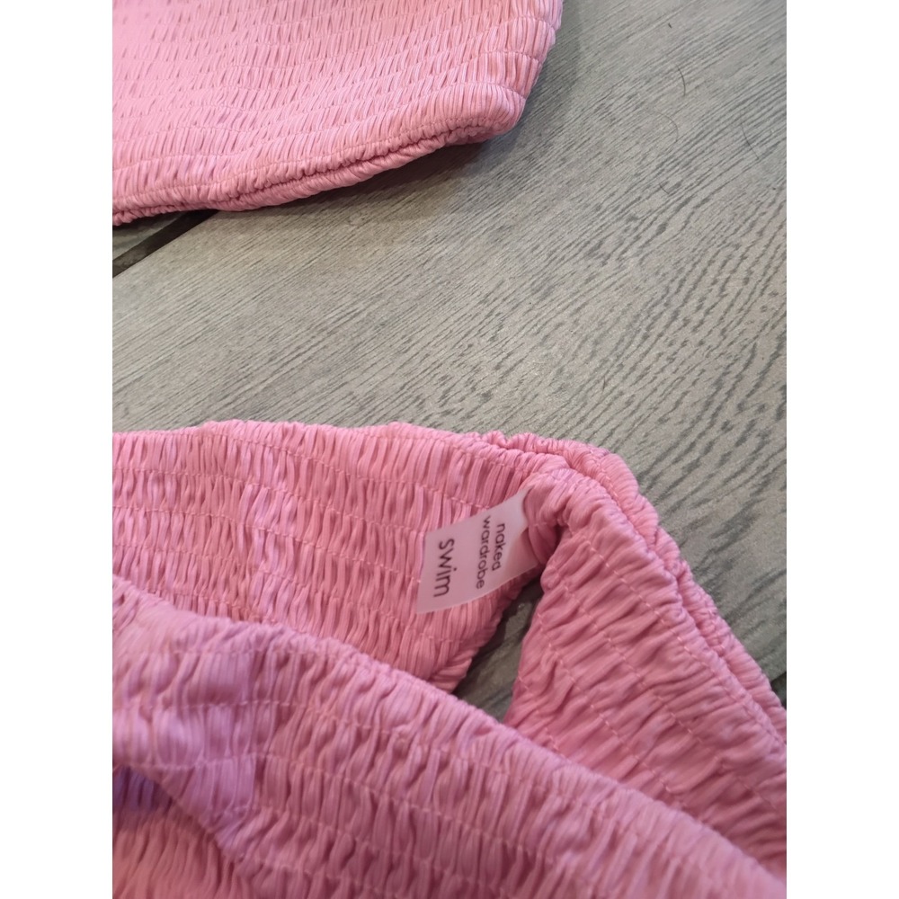 Naked Wardrobe Swim Pink Smocked Bikini Set Scoop Neck High Cut NW-W0523 Large - Picture 2 of 4